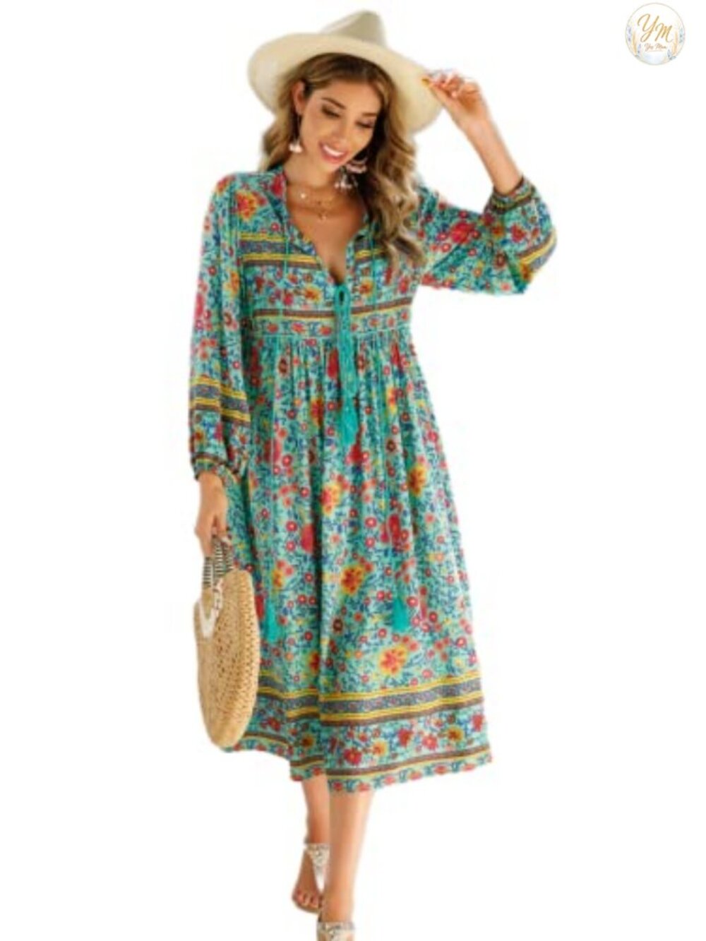 Long Sleeve Boho Floral Midi Dress Rayon Cotton Empire Waist